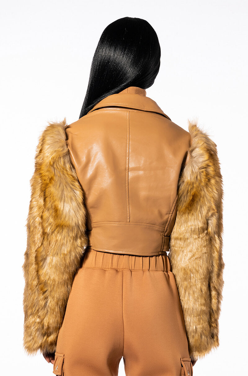 AZALEA WANG NOLLIE FAUX FUR ARMS MOTO JACKET