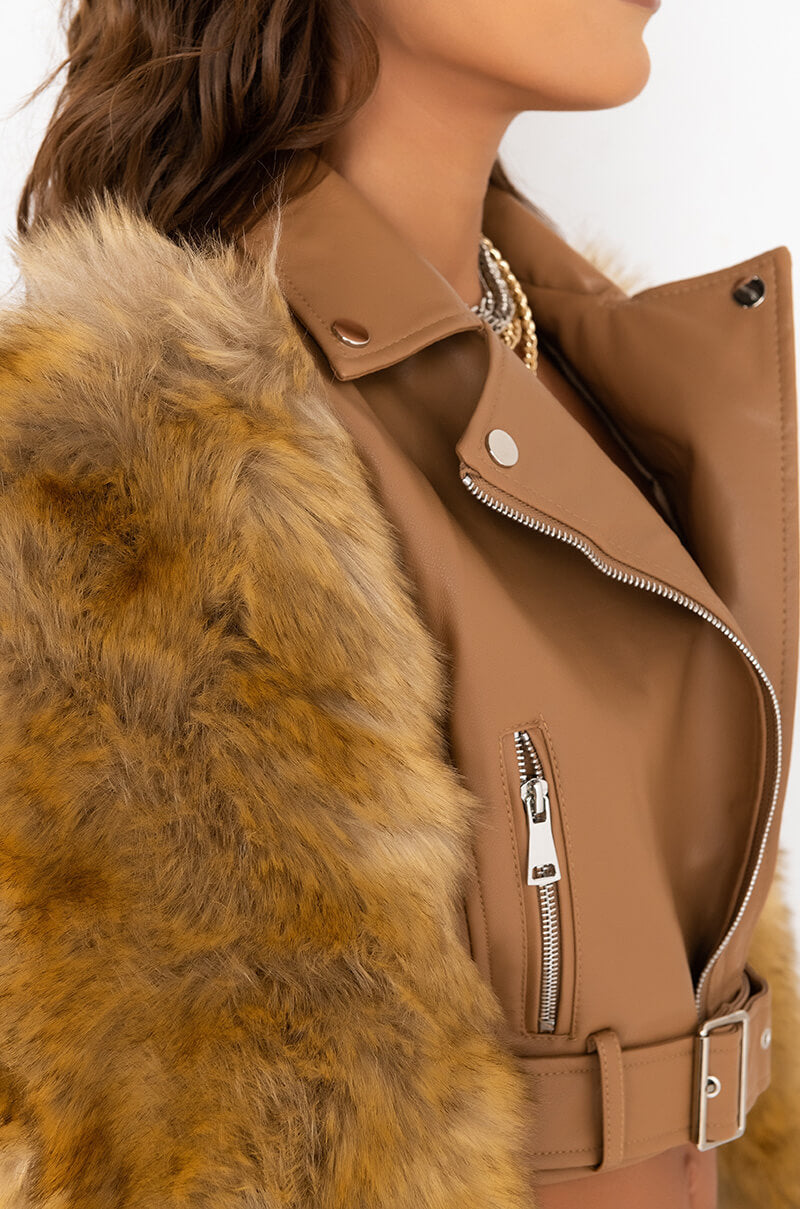 AZALEA WANG NOLLIE FAUX FUR ARMS MOTO JACKET