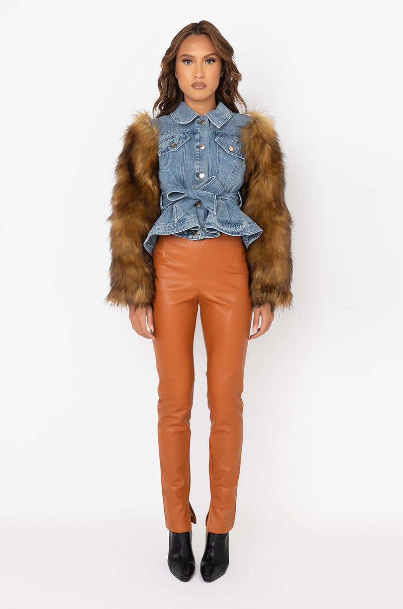 AZALEA WANG PORTUGAL DENIM FAUX FUR ARM JACKET