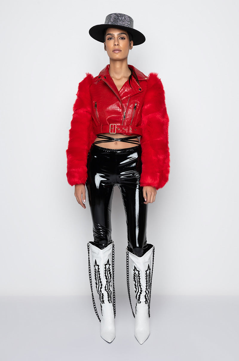 AZALEA WANG RED NOLLA FAUX FUR ARMS CROC MOTO JACKET