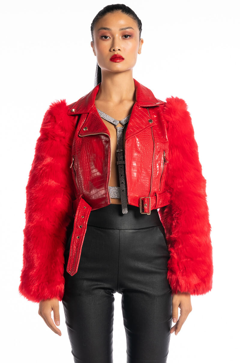 AZALEA WANG RED NOLLA FAUX FUR ARMS CROC MOTO JACKET