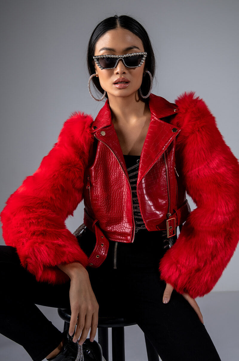 AZALEA WANG RED NOLLA FAUX FUR ARMS CROC MOTO JACKET