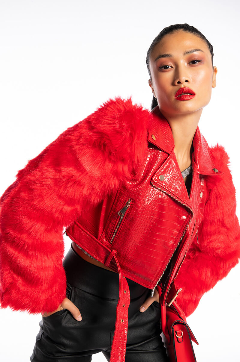 AZALEA WANG RED NOLLA FAUX FUR ARMS CROC MOTO JACKET