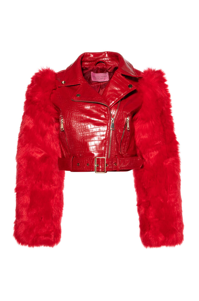 AZALEA WANG RED NOLLA FAUX FUR ARMS CROC MOTO JACKET