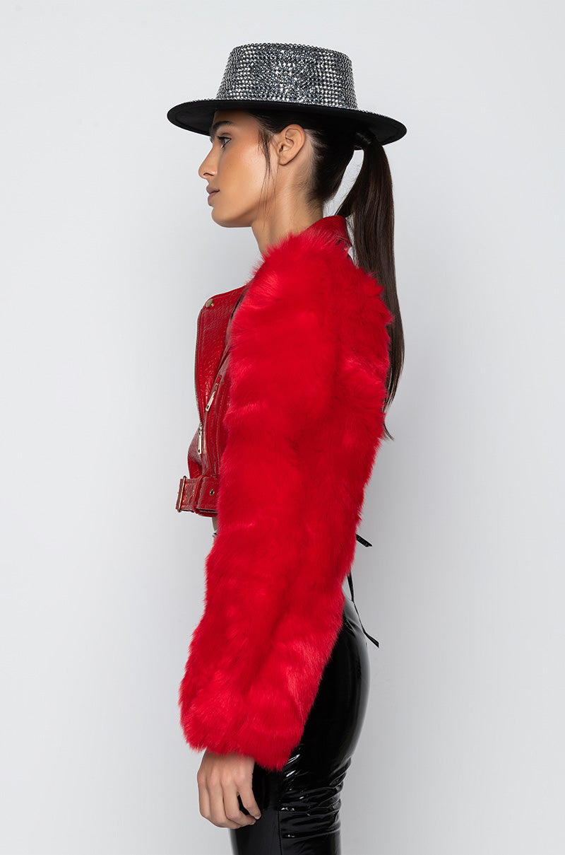 AZALEA WANG RED NOLLA FAUX FUR ARMS CROC MOTO JACKET