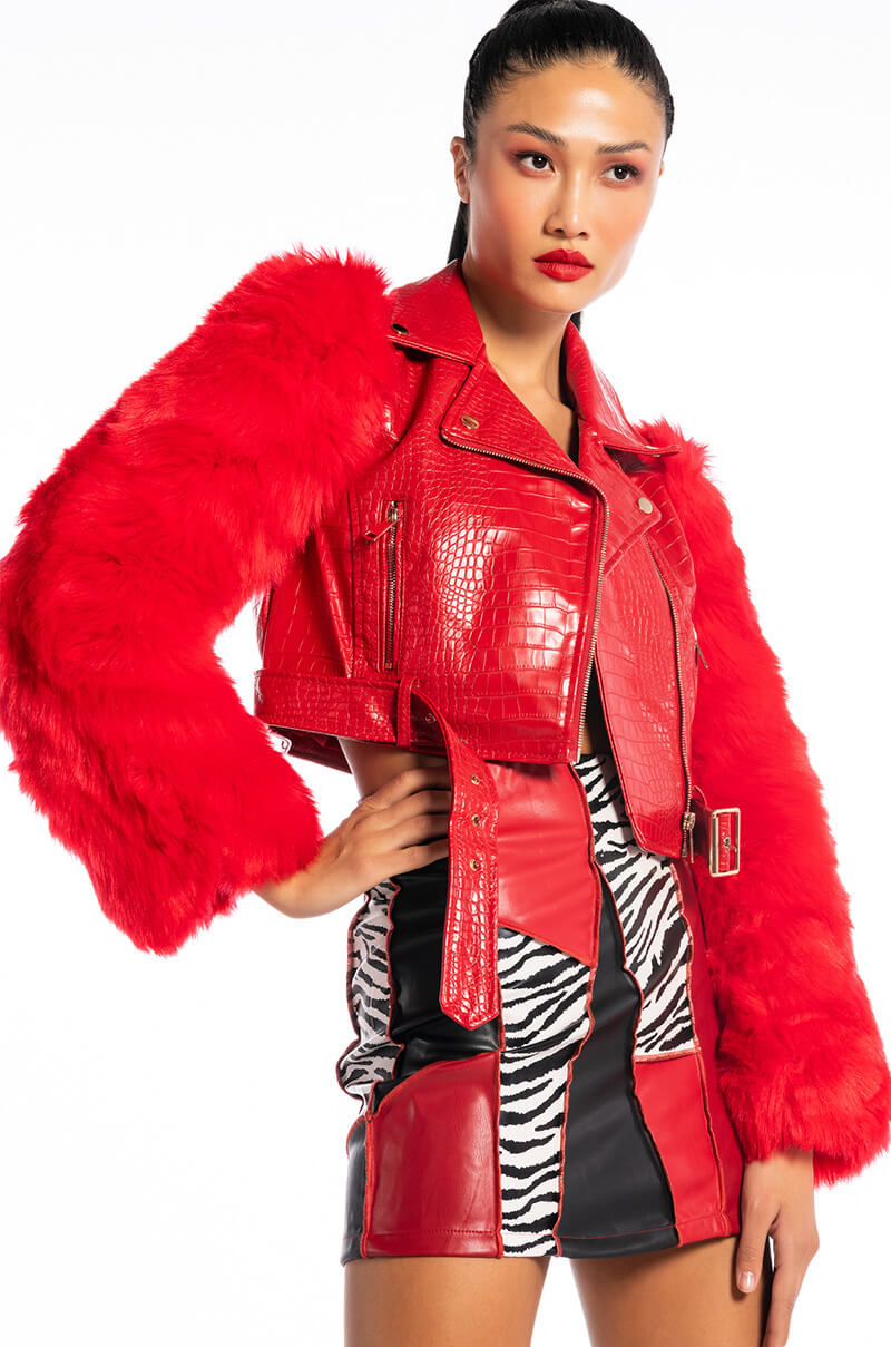 AZALEA WANG RED NOLLA FAUX FUR ARMS CROC MOTO JACKET