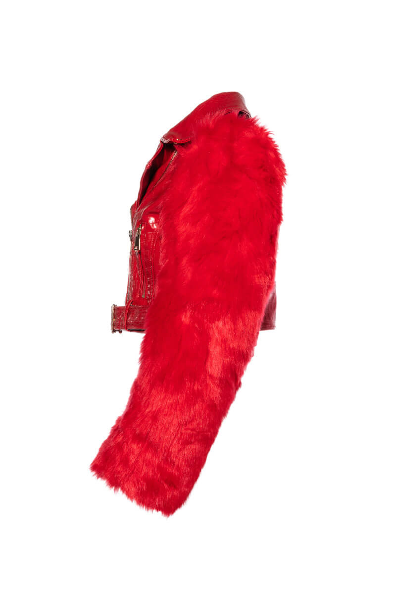 AZALEA WANG RED NOLLA FAUX FUR ARMS CROC MOTO JACKET