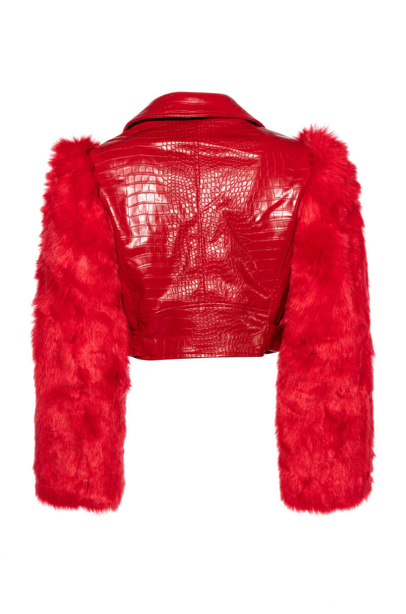 AZALEA WANG RED NOLLA FAUX FUR ARMS CROC MOTO JACKET