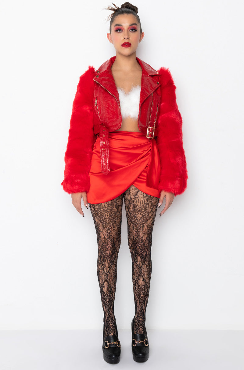 AZALEA WANG RED NOLLA FAUX FUR ARMS CROC MOTO JACKET