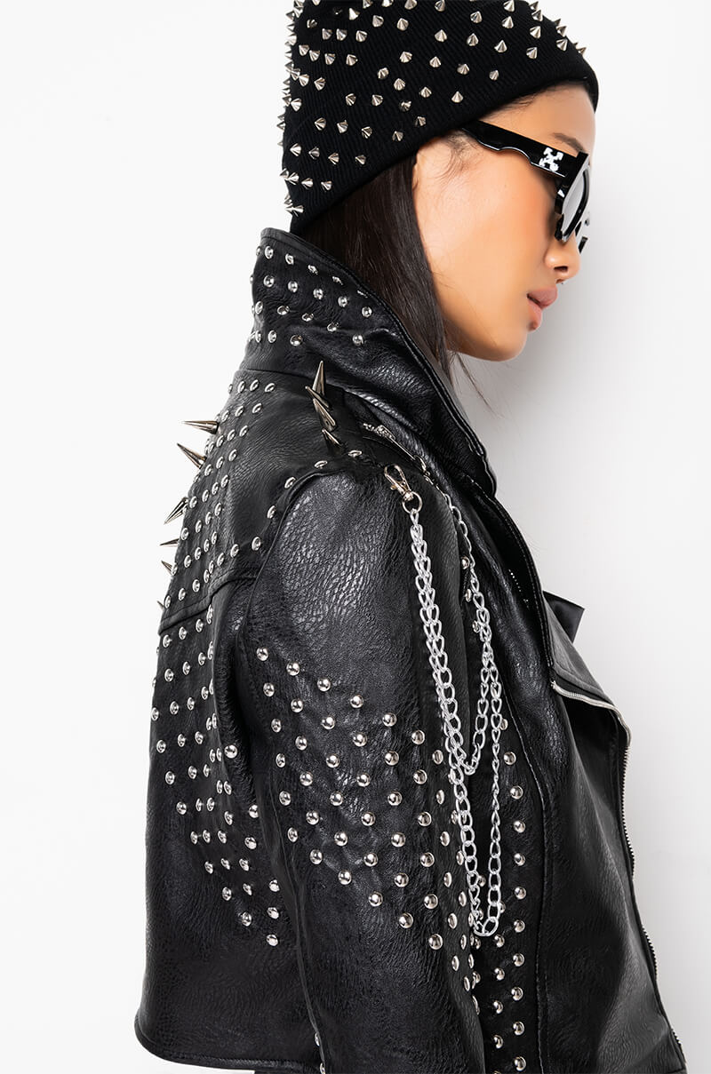 AZALEA WANG SIMPLE CHAIN STUD MOTO JACKET
