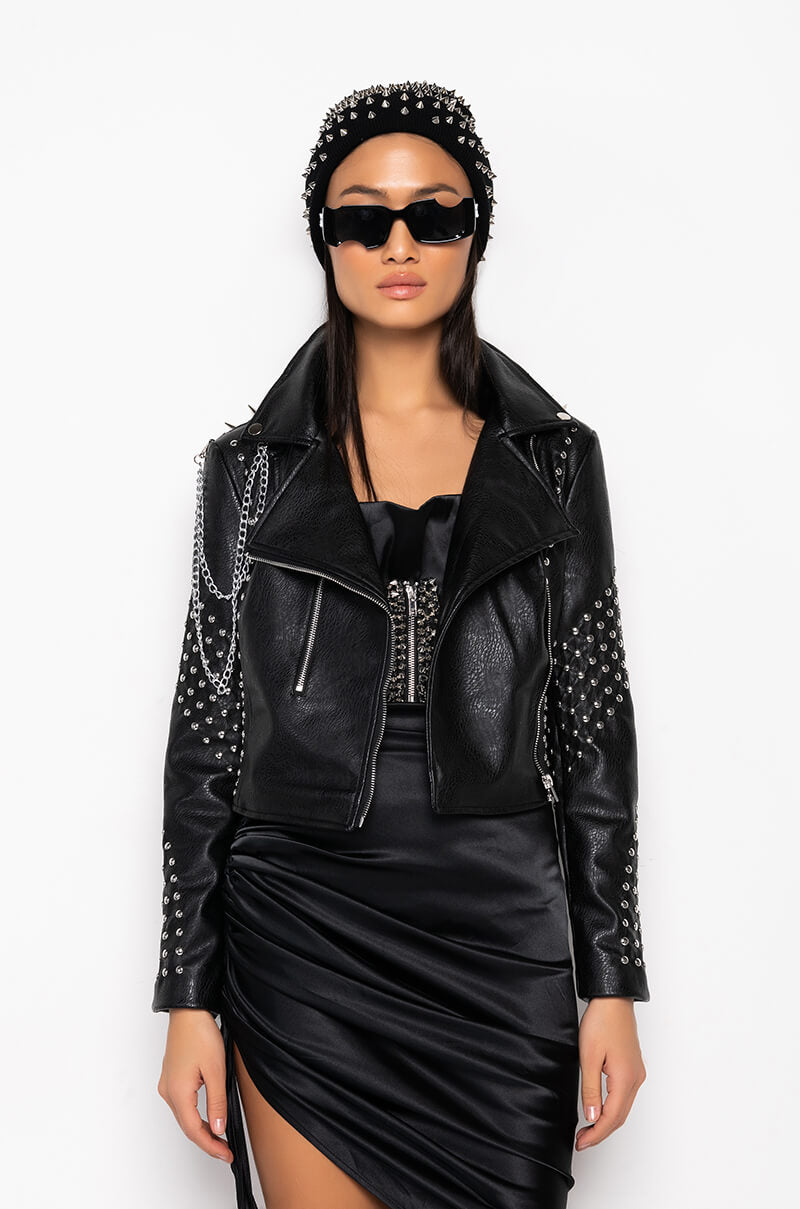 AZALEA WANG SIMPLE CHAIN STUD MOTO JACKET