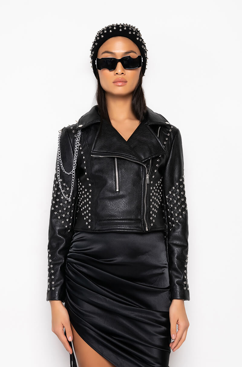 AZALEA WANG SIMPLE CHAIN STUD MOTO JACKET