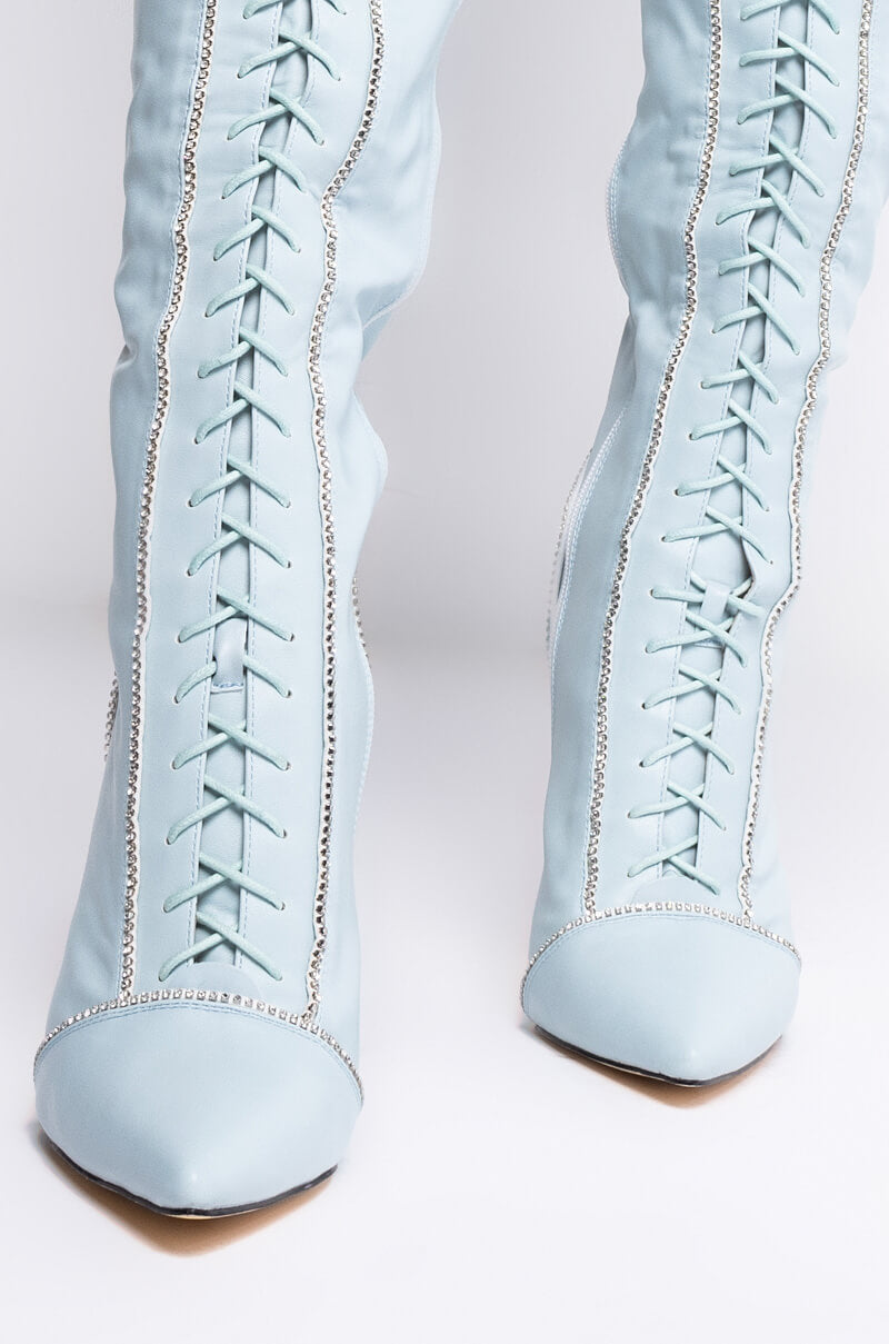 AZALEA WANG STOP STAND THE DRAMA STILETTO BOOT IN BLUE