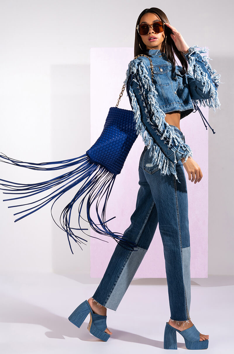 AZALEA WANG RINNA LACE UP FRINGE DENIM JACKET