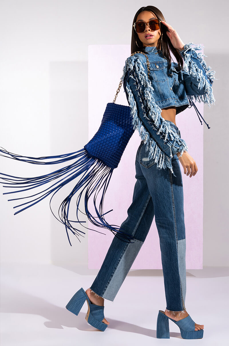 AZALEA WANG RINNA LACE UP FRINGE DENIM JACKET