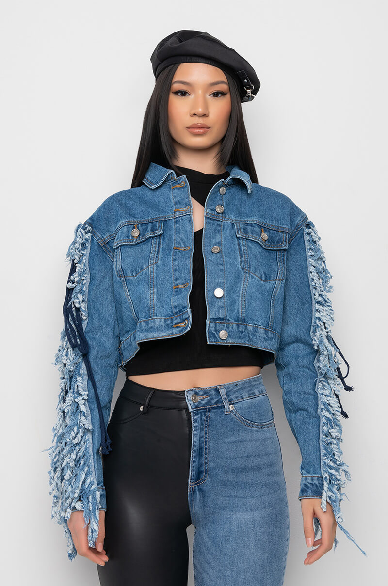 AZALEA WANG RINNA LACE UP FRINGE DENIM JACKET