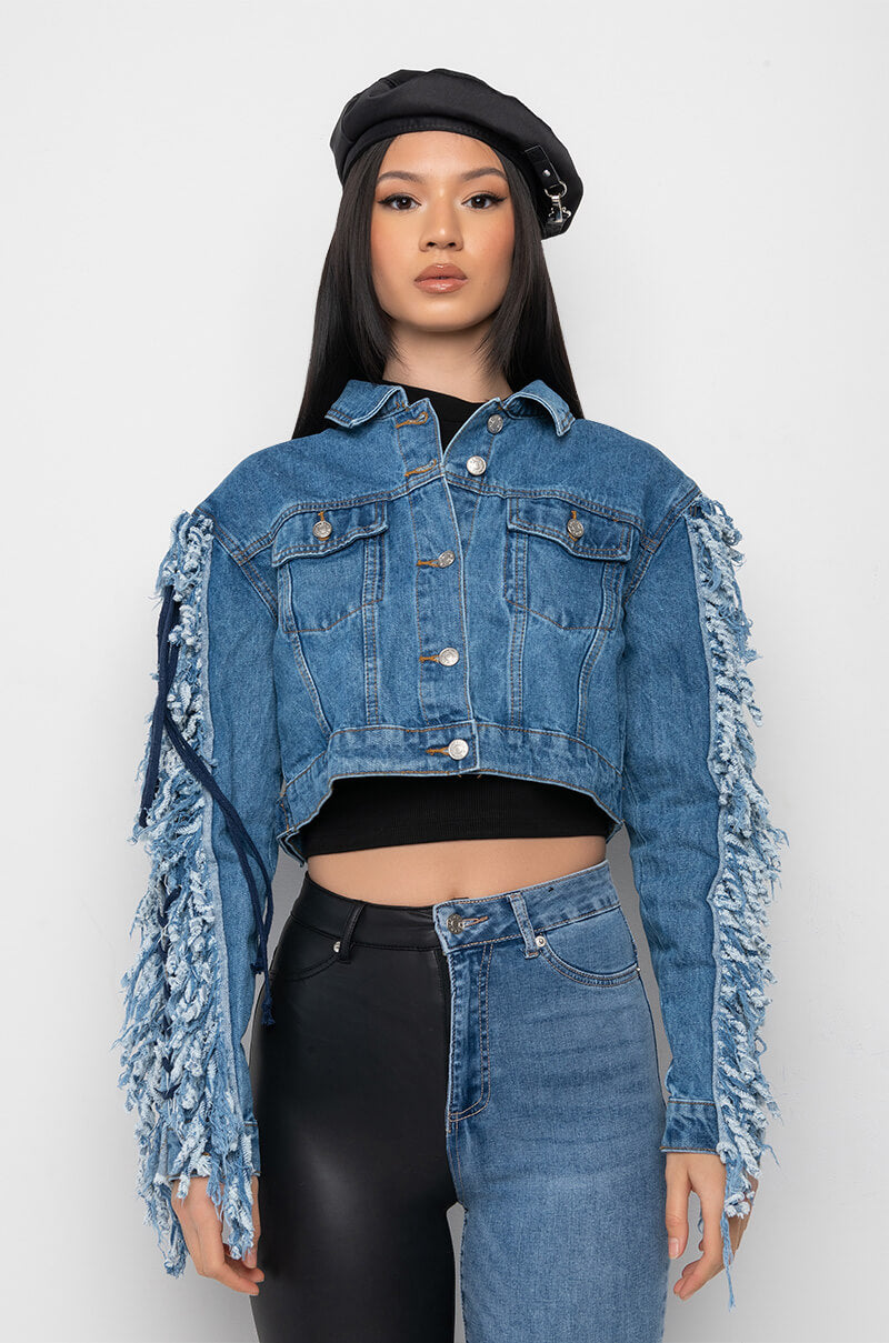 AZALEA WANG RINNA LACE UP FRINGE DENIM JACKET