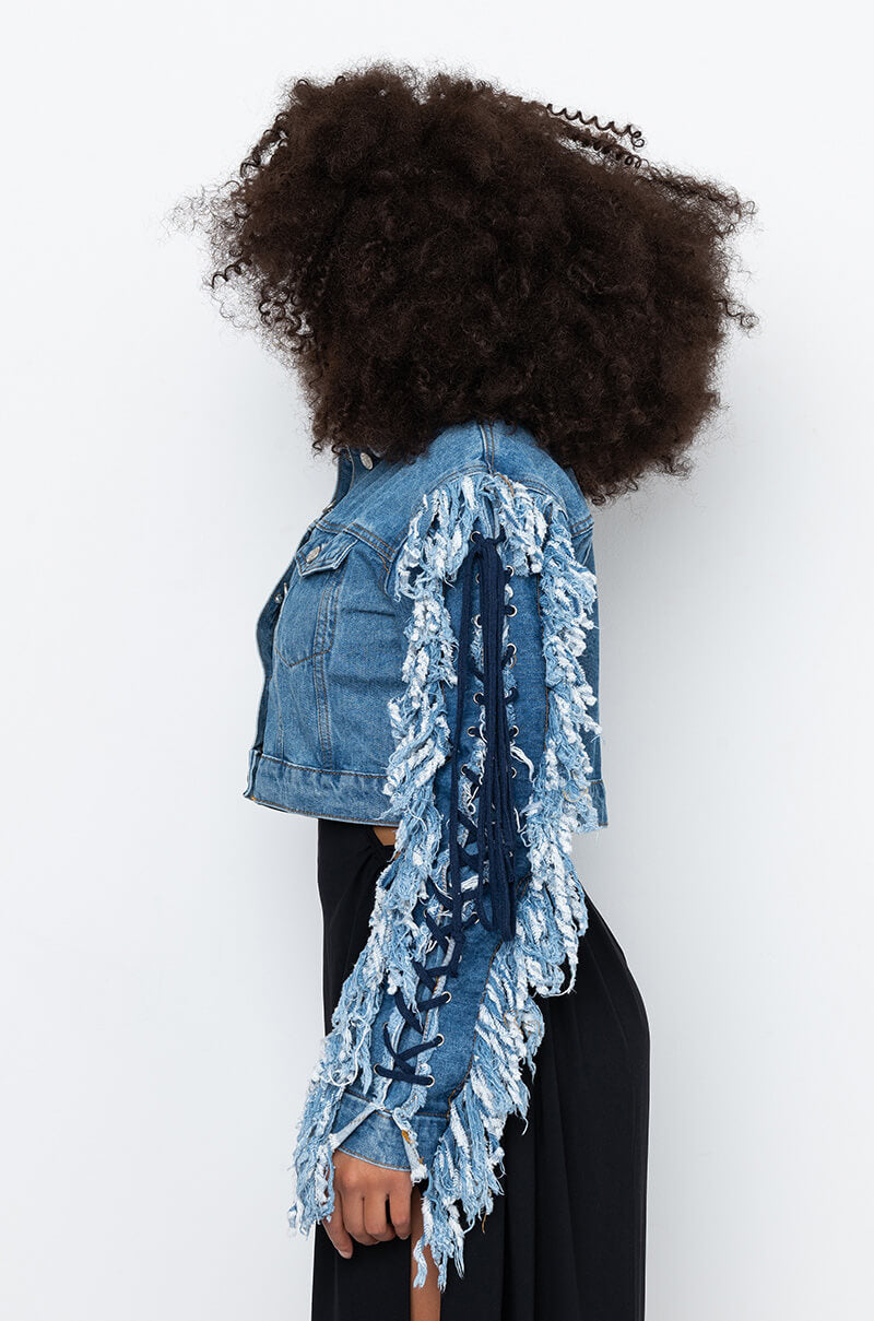 AZALEA WANG RINNA LACE UP FRINGE DENIM JACKET