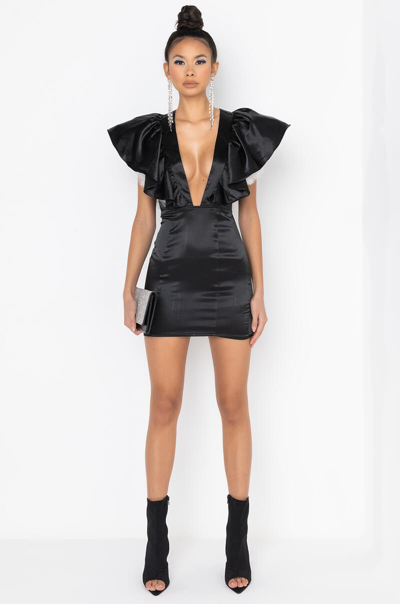 BACKOFF POWER SHOULDER SATIN MINI DRESS BLACK MULTI
