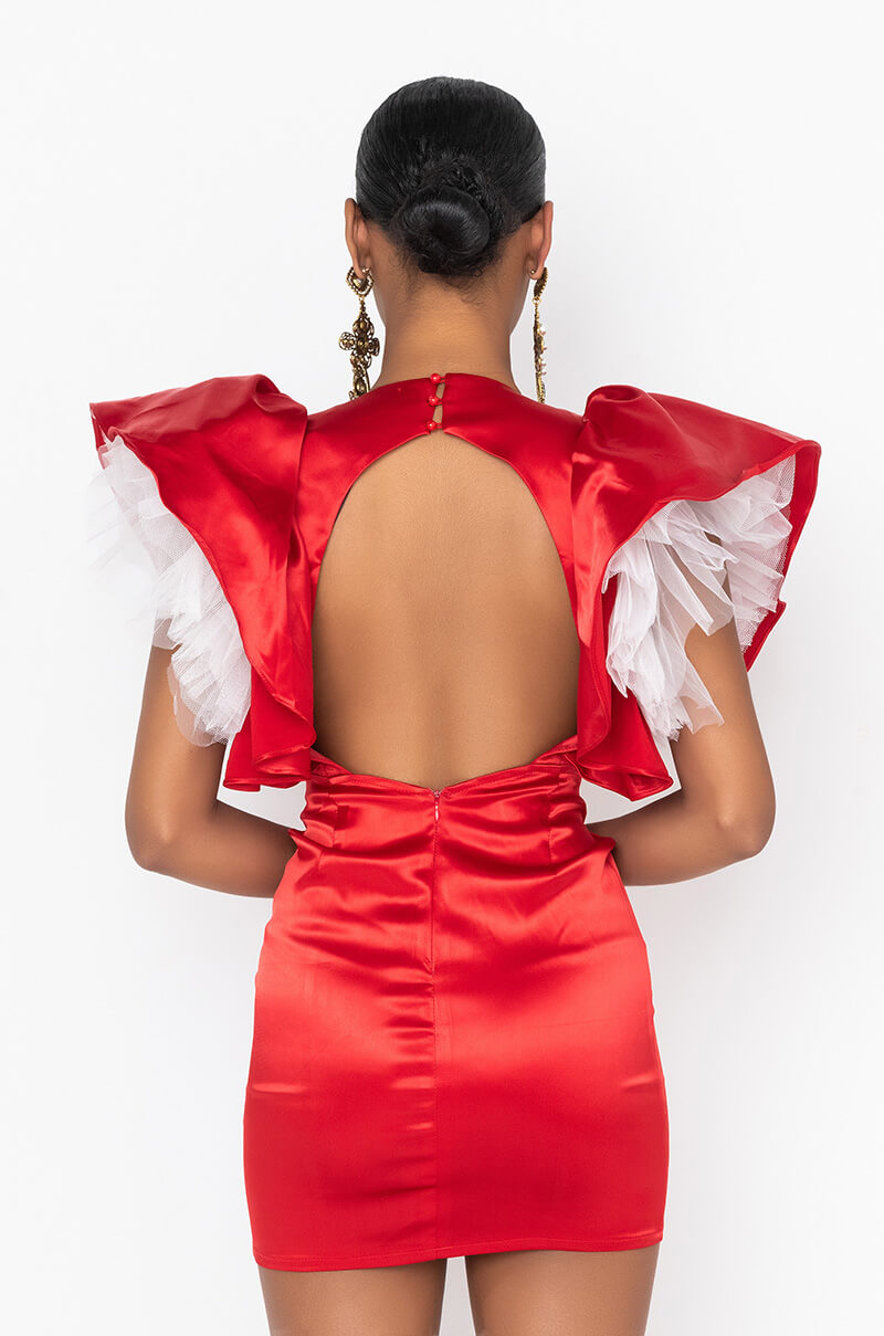 BACKOFF POWER SHOULDER SATIN MINI DRESS RED