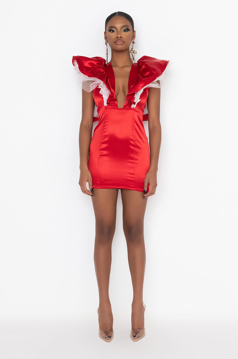 BACKOFF POWER SHOULDER SATIN MINI DRESS RED