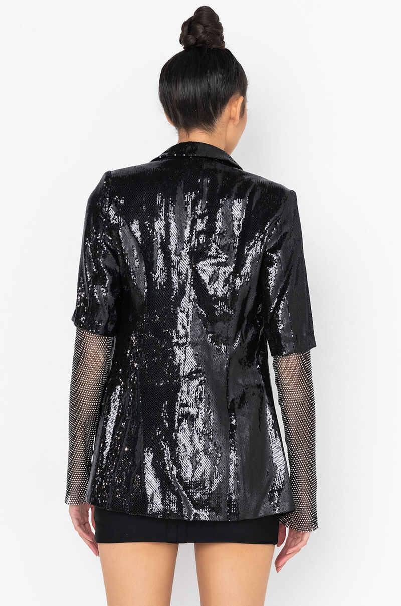 BALL DROP SEQUIN BLAZER WITH RHINESTONE MESH ARMS