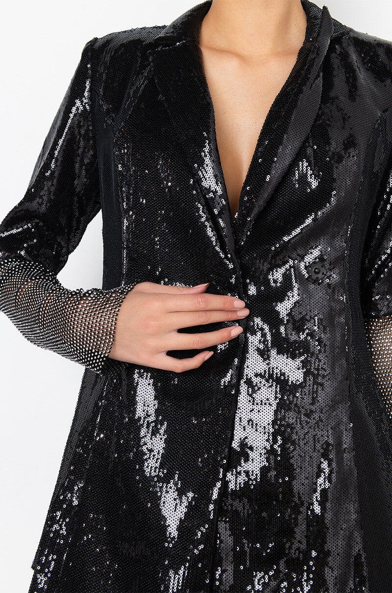 BALL DROP SEQUIN BLAZER WITH RHINESTONE MESH ARMS