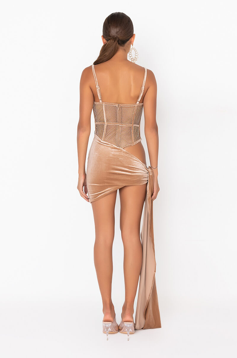 BEEN THAT BITCH CUTOUT MESH MINI DRESS LIGHT BROWN