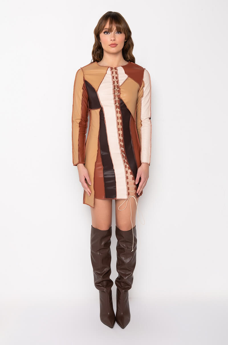 BETTER FOR IT FAUX LEATHER PATCHWORK MINI DRESS