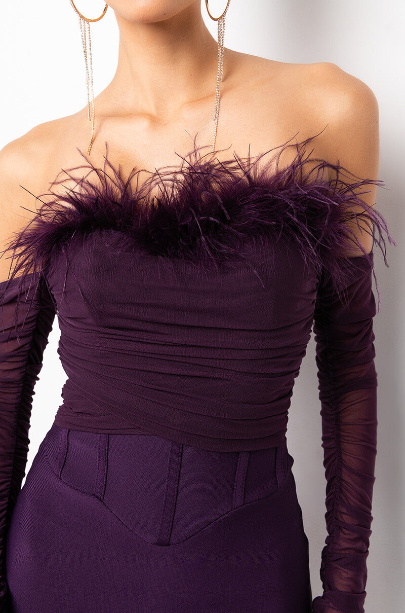 BLAIR OFF THE SHOULDER BANDAGE DRESS WITH FEATHERS