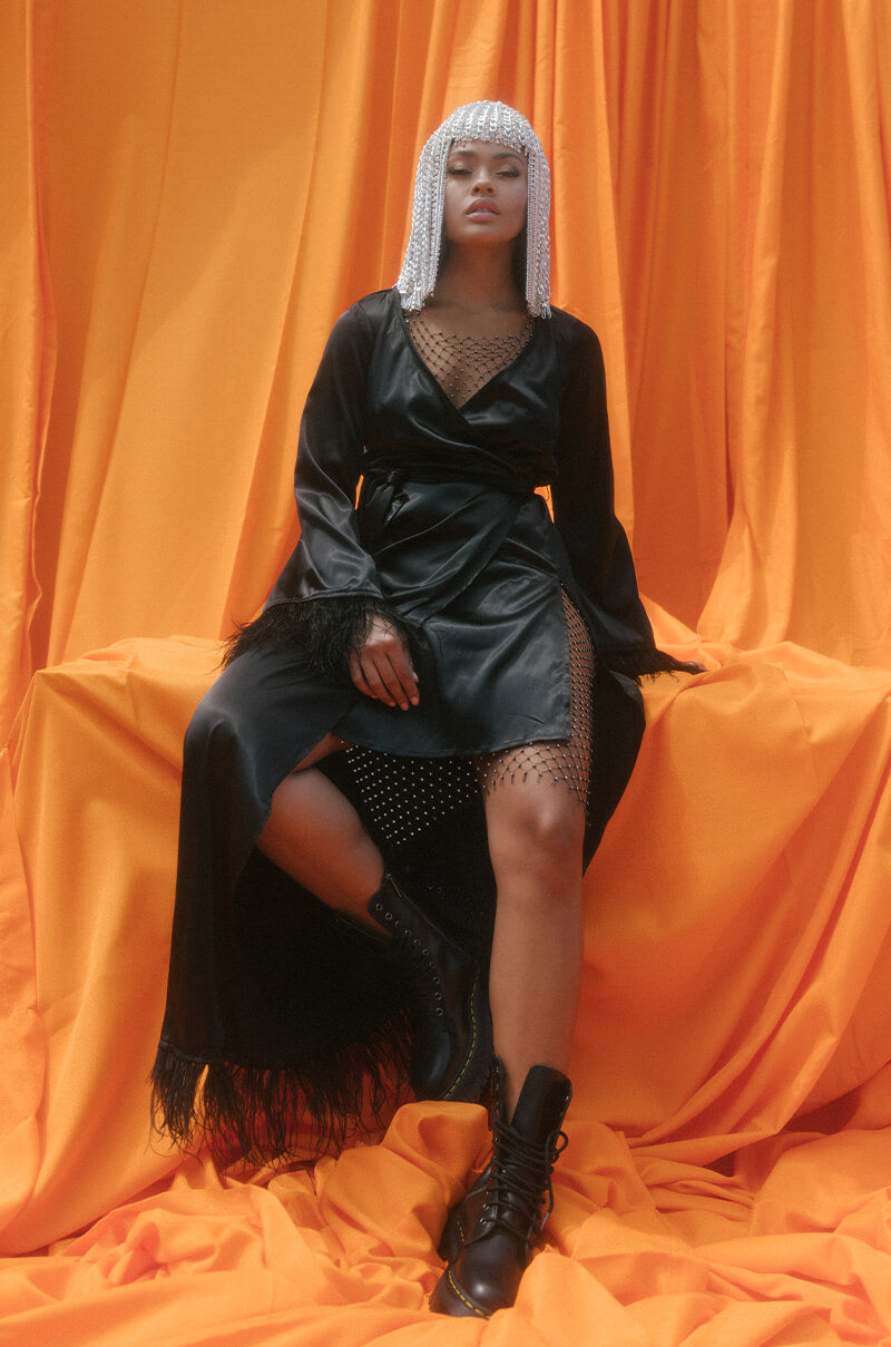 BOSS UP HONEY MAXI DRESS WITH FEATHER TRIM BLACK