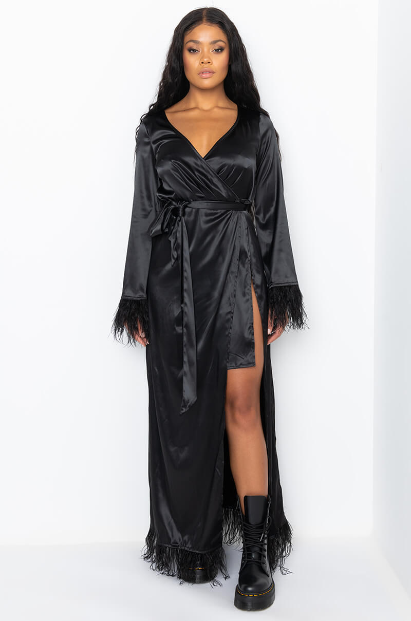 BOSS UP HONEY MAXI DRESS WITH FEATHER TRIM BLACK