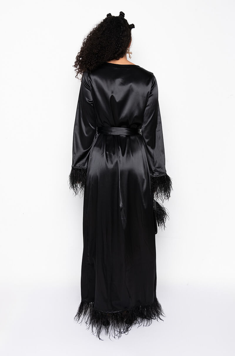 BOSS UP HONEY MAXI DRESS WITH FEATHER TRIM BLACK