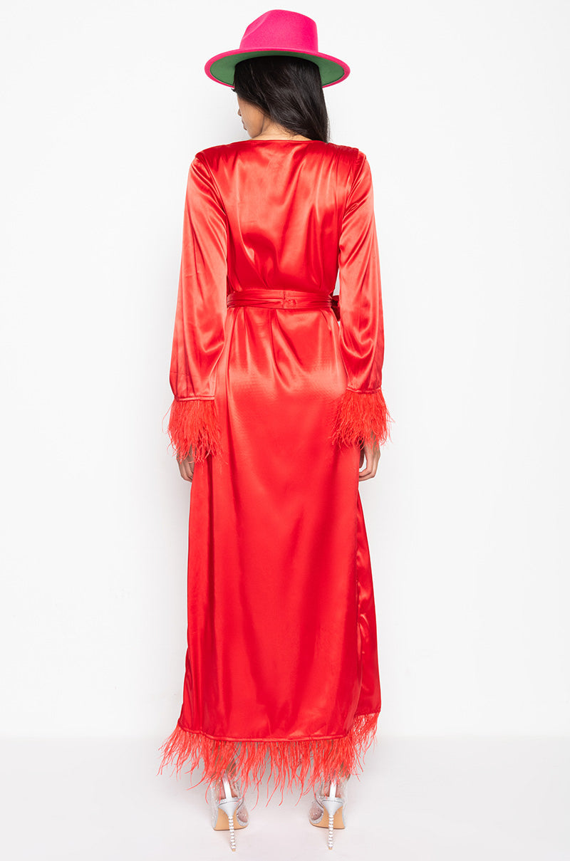 BOSS UP HONEY MAXI DRESS WITH FEATHER TRIM RED