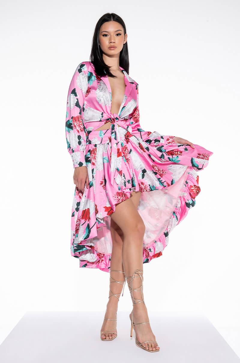 BOUQUET SATIN HIGH LOW MIDI SKIRT