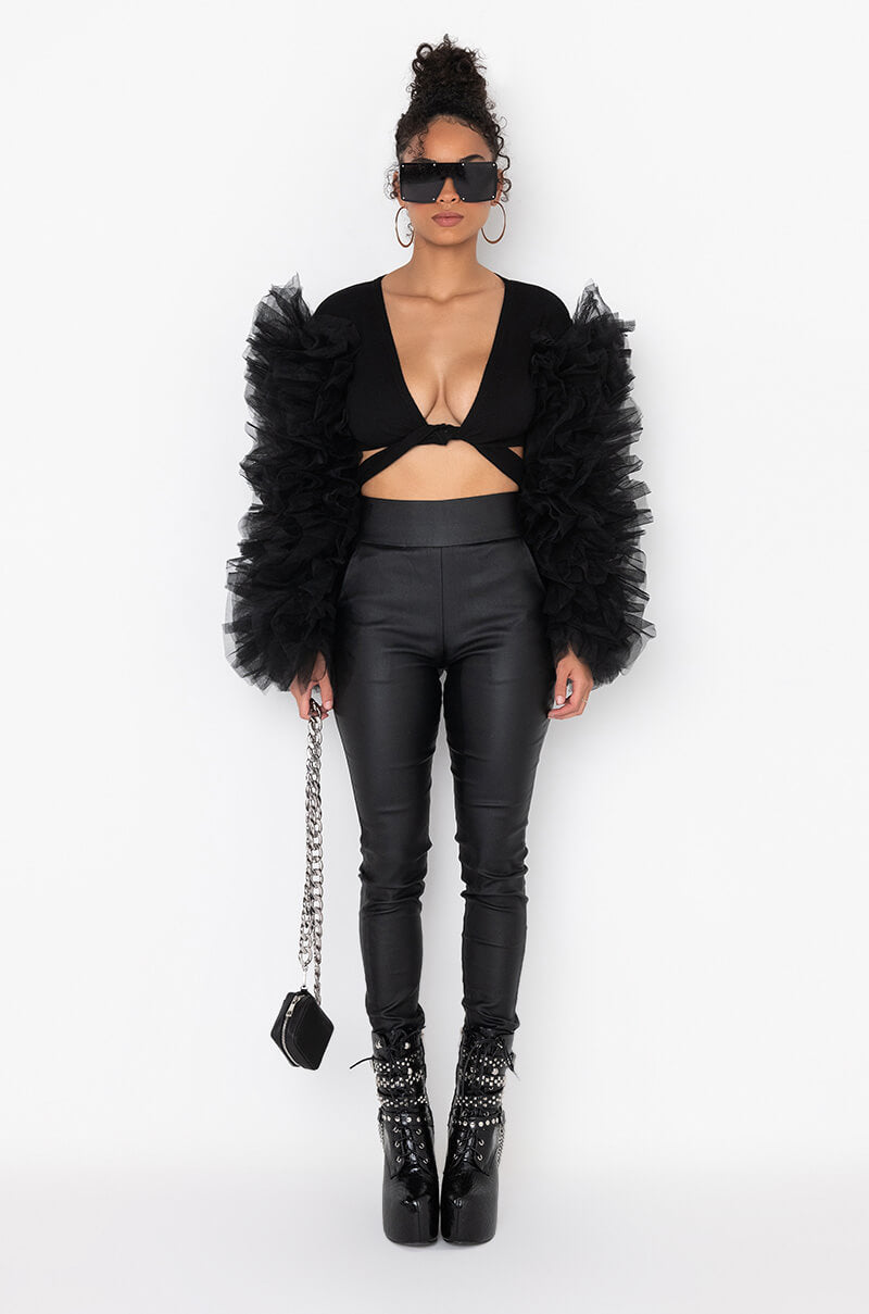 BRING IT OUT PUFF SLEEVE TIE FRONT TOP BLACK