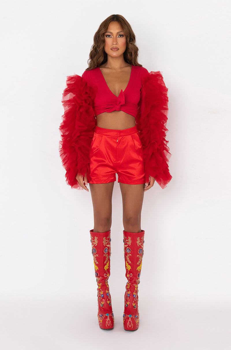 BRING IT OUT PUFF SLEEVE TIE FRONT TOP RED