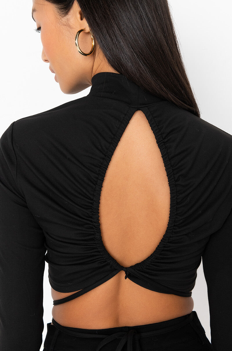 BUSINESS IN THE FRONT MOCK NECK CROP TOP