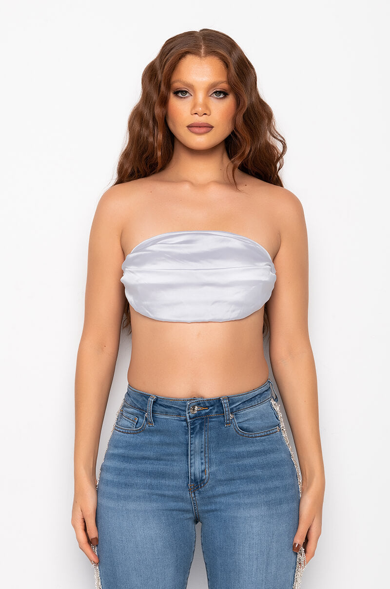 CAN'T COMPARE RHINESTONE STRAP SATIN CROP TOP WHITE