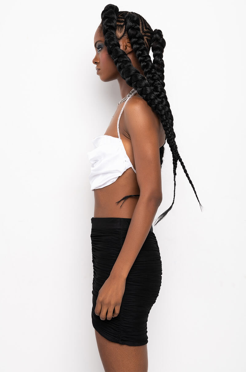 CAN'T COMPARE RHINESTONE STRAP SATIN CROP TOP WHITE