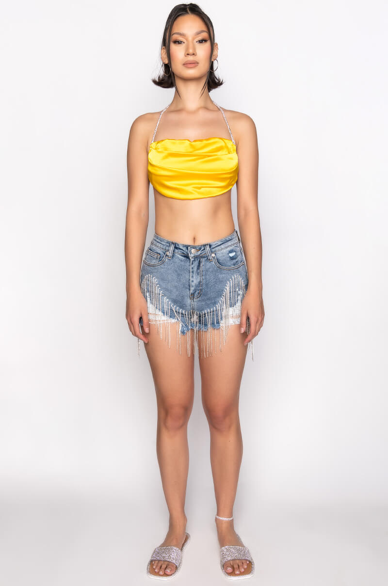 CAN'T COMPARE RHINESTONE STRAP SATIN CROP TOP YELLOW