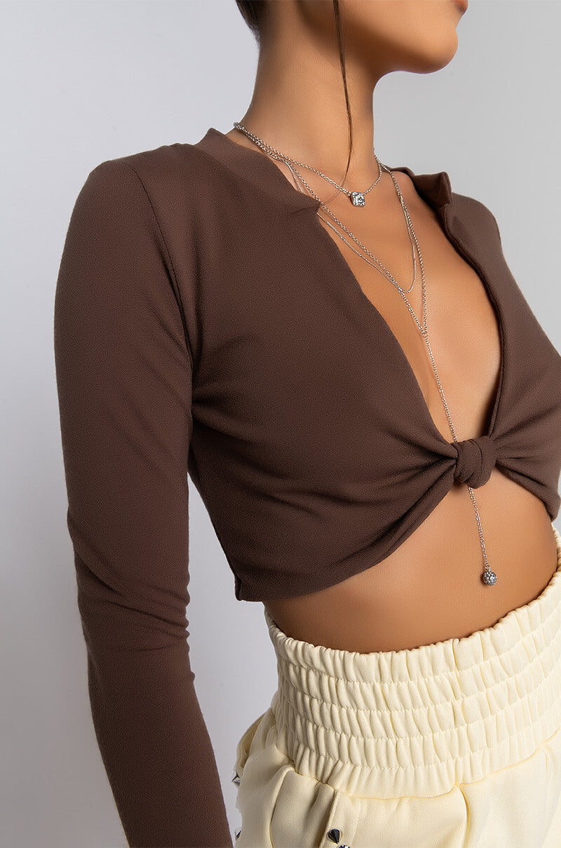 CAN'T TIE ME DOWN LONG SLEEVE FRONT KNOT BLOUSE BROWN