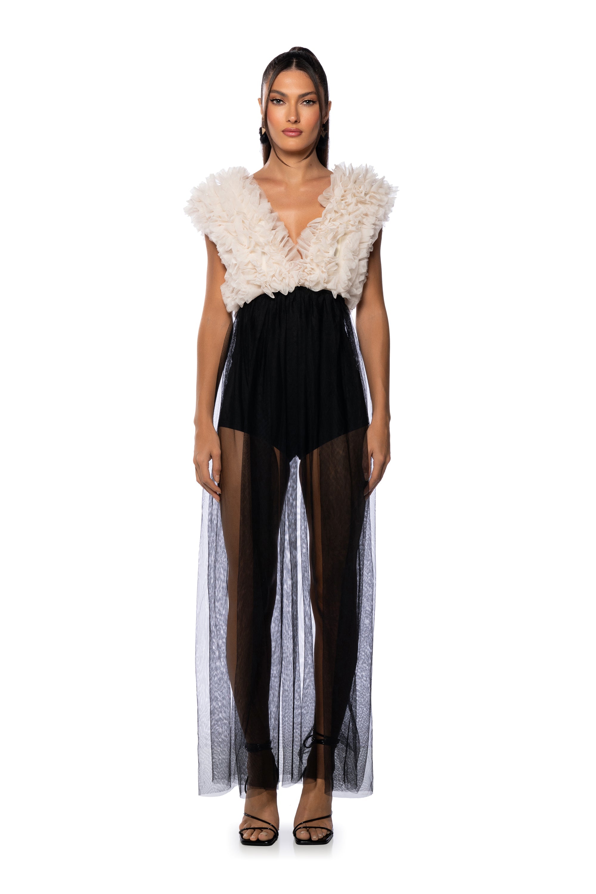 CASS V NECK SHEER LEG JUMPSUIT