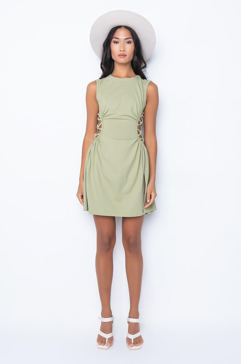 CAUGHT UP IN THE TWIST MINI DRESS WITH SLIT OLIVE