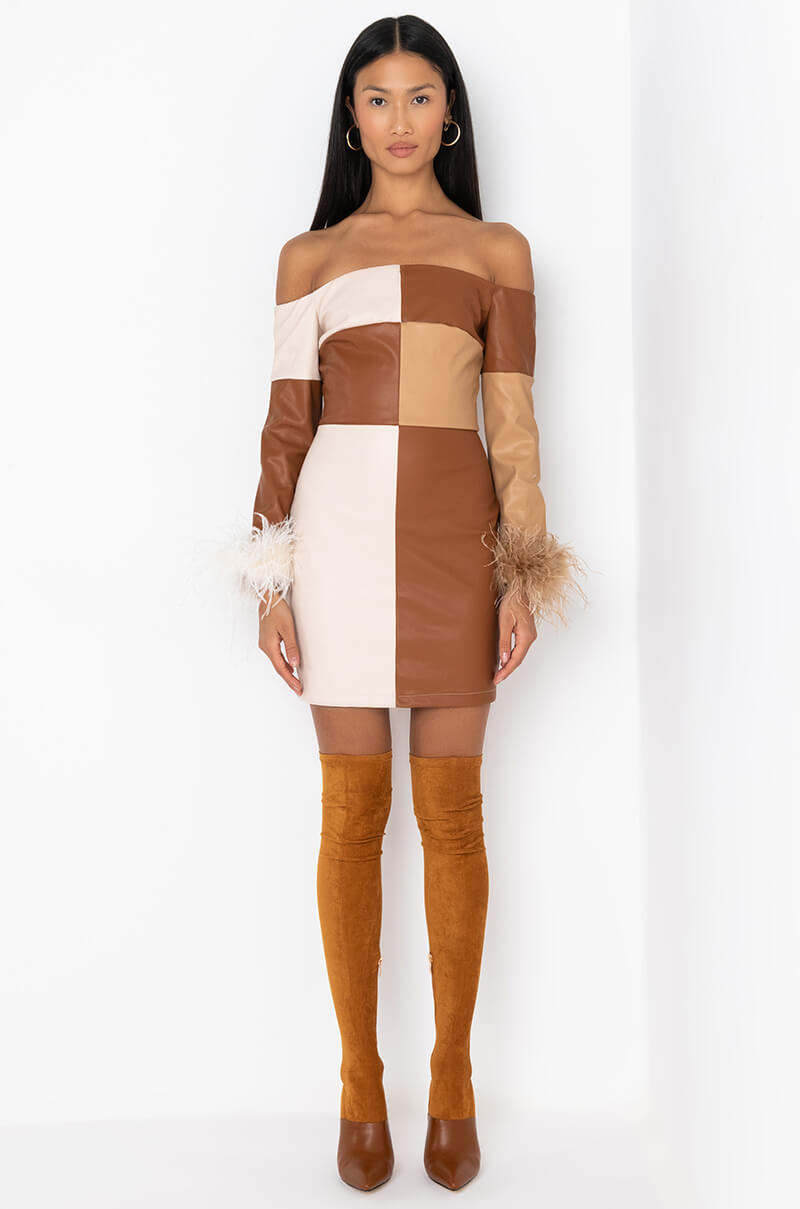 CHECK HER OUT REAL FEATHER PU MINI DRESS