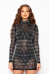 CLASSY MOCK NECK RHINESTONE MESH DRESS