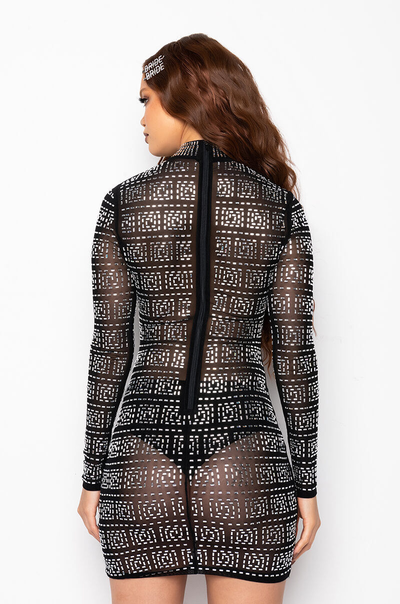 CLASSY MOCK NECK RHINESTONE MESH DRESS