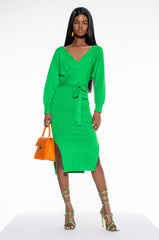 CLASSY WRAP TOP SWEATER MIDI DRESS GREEN