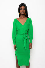 CLASSY WRAP TOP SWEATER MIDI DRESS GREEN