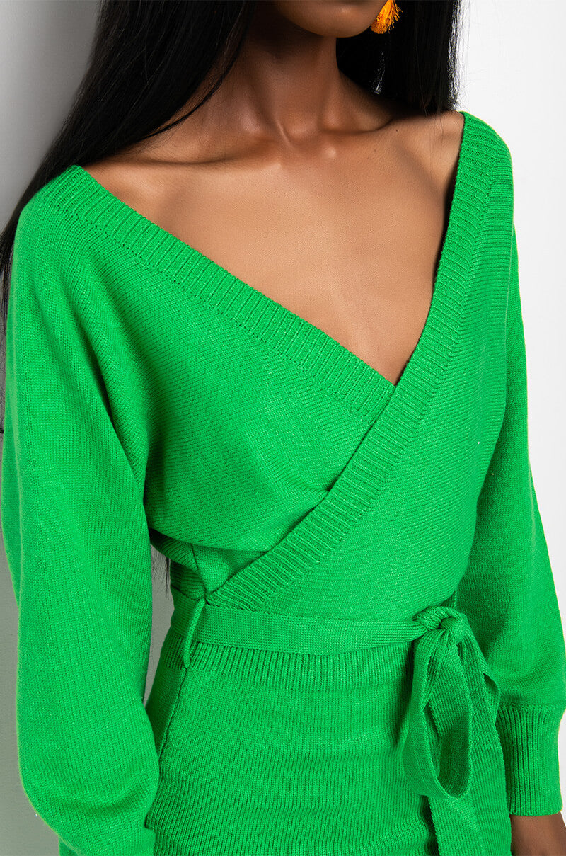 CLASSY WRAP TOP SWEATER MIDI DRESS GREEN